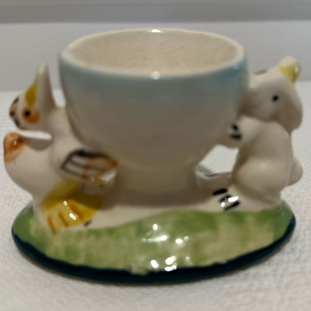 EUC Vintage Japanese Egg Cup Hand Painted Bunny & Duck 3 3/4” long x 2 1/2” tall